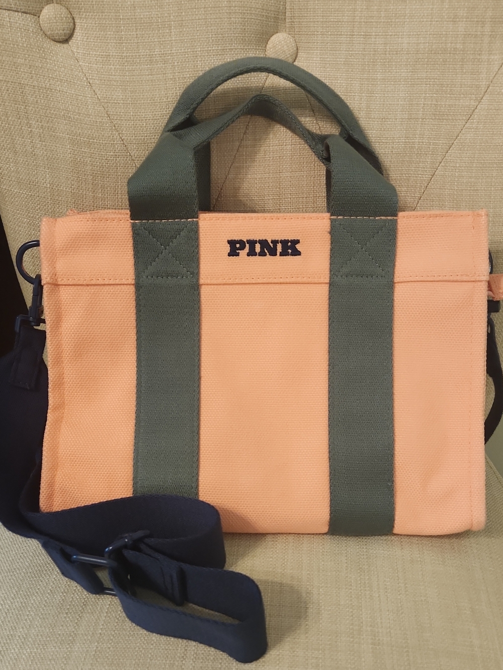 PINK Victoria's Secret Peach Canvas Messenger with Green Straps
